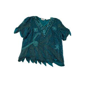 Vintage Laurence Kazar Women's Green Heavy Sequin Pure Silk Blouse - Large